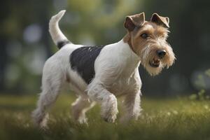 Raposa terrier corrida através uma campo. generativo ai. foto