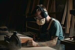 jovem homem carpinteiro vestindo uma poeira mascarar fábrica trabalhadores especializado carpinteiro corte madeira dentro dele marcenaria oficina com cópia de espaço foto