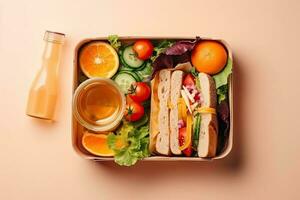 almoço caixa com sanduíches, legumes e suco. topo Visão com cópia de espaço. foto