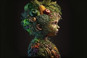 arcimboldo estilo jovem Garoto louco do fruta pintura generativo ai foto