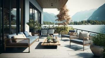 moderno e confortável casa ao ar livre relaxamento área ou restaurante assentos área com terraço foto
