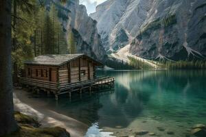 de madeira cabana em lago braies dentro dolomitas, Itália foto