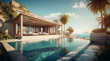 natação piscina dentro luxo villa com mar visualizar. 3d Renderização foto
