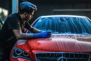fechar acima homem lavando dela carro dentro uma auto - serviço carro lavar estação. carro lavar auto - serviço foto