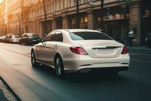 sedans dirigir em ruas dentro a meio do a cidade. traseiro Visão foto