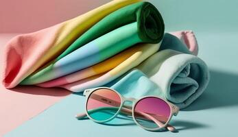 de praia toalha e oculos de sol dentro verão conceito com generativo ai foto