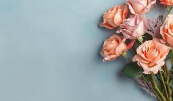 ramalhete flores do rosas flatlay com ampla esvaziar avião pastel fundo para texto brincar ai gerado foto