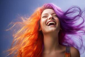 jovem mulher com grandes cabelo dentro tolet e laranja cor com generativo ai foto