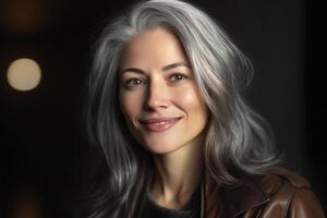 uma feliz jovem mulher com cinzento cabelo dentro a estilo do suave e polido com generativo ai foto