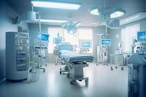 uma quarto mostrando médico equipamento dentro a brilhante hospital operativo quarto com generativo ai foto
