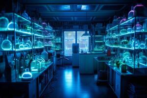 uma laboratório com azul luzes dentro com generativo ai foto