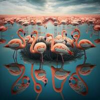 uma grupo do flamingos vadear dentro uma raso lago. ai foto