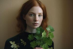 uma mulher com vermelho cabelo detém uma plantar dentro dela mãos. ai gerado foto