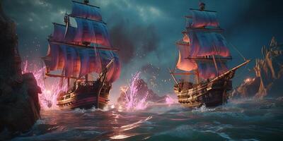 dois navios dentro a oceano com a palavra pirata em a esquerda. ai gerado foto