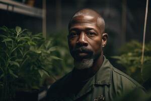 uma homem carrinhos dentro frente do plantas dentro uma estufa. ai gerado foto