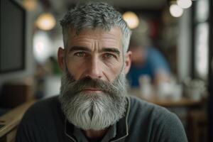 uma homem com uma cinzento barba e uma cinzento barba. ai gerado foto