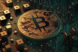 bitcoin fundo cercado com conexão rede e chipset de generativo ai foto