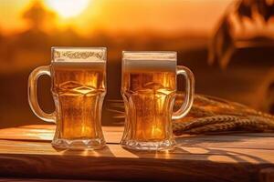 cerveja em uma de madeira mesa dentro a dourado luz do uma verão pôr do sol com generativo ai foto