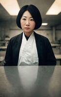 cientista investigador ásia mulher vestindo laboratório casaco às laboratório, generativo ai foto