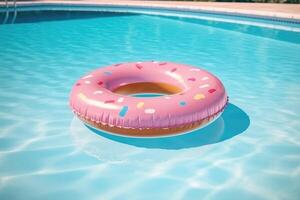 Rosa rosquinha flutuador dentro natação piscina. generativo ai foto