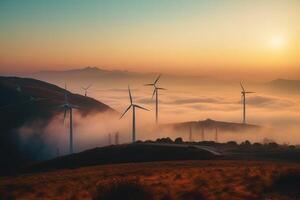 vento turbinas dentro a montanhas às pôr do sol. generativo ai foto