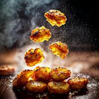 fechar acima do Comida fotografia frito frango bastão com Preto fundo , generativo ai foto