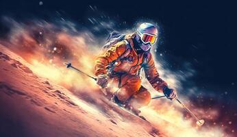 esquiador pulando em uma Nevado montanha. generativo ai foto