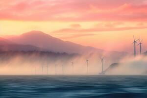 vento turbinas dentro a montanhas às pôr do sol. generativo ai foto