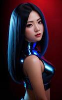lindo ásia mulher dentro leve armaduras com misturado cor azul e vermelho luz, generativo ai foto