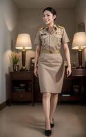ásia mulher tailandês professor às escola dentro cáqui terno uniforme, generativo ai foto