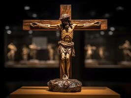 de madeira crucifixo, com detalhe do Jesus Cristo em madeira escultura em Preto fundo. papel de parede. ai gerado foto