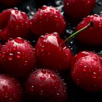 fechar acima foto com fresco cereja e pequeno gotas de água profissional fotografia ai gerado