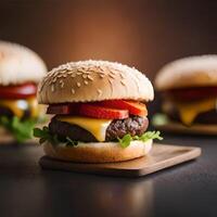 saboroso carne hamburguer com queijo e salada em uma Sombrio fundo ai gerado foto