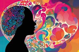 a ilustração do uma mulher cabeça com colorida redemoinhos em isto. ai gerado foto