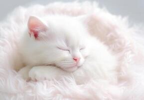 ai generativo. fofa pequeno branco gatinho dormindo foto