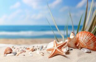 ai generativo. cartuchos e estrelas do mar em arenoso de praia foto