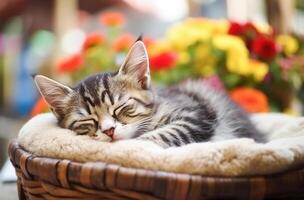 ai generativo. fofa malhado gatinho dormindo dentro uma cesta foto