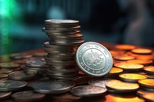 uma pilha do prata moedas dentro tesouraria depósito banco conta para poupança. conceito do o negócio economia e financeiro crescimento de investindo dentro valioso ativos para gerar dinheiro receita ganhos. generativo ai. foto