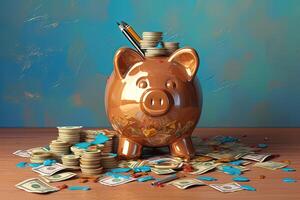 uma Castanho cerâmico porquinho com lápis e EUA dinheiro notas, dourado moedas às pintado fundo. generativo ai. foto