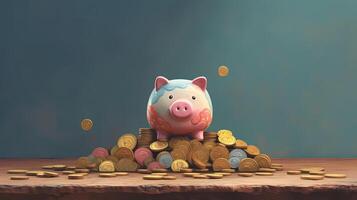 uma porquinho banco em misturado moedas amontoar em Castanho e pastel azul fundo. salvando dinheiro ou finança para uma seguro futuro. generativo ai. foto