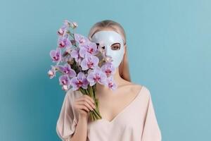 fechar-se retrato do fêmea vestindo face mascarar e segurando orquídea boquet em azul fundo. generativo ai. foto