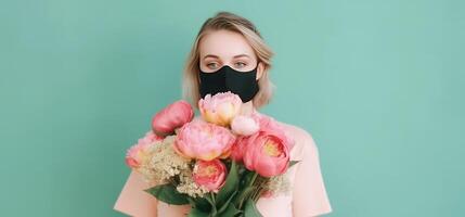 cortada imagem do fêmea florista dentro protetora mascarar e segurando lindo ramalhete. generativo ai. foto