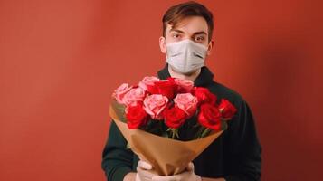 cortada imagem do masculino florista vestindo mascarar e segurando rosas ramalhete. generativo ai. foto