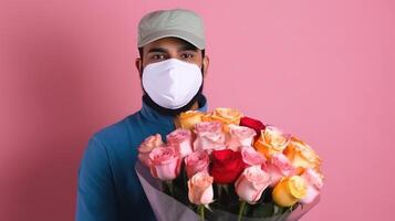 cortada imagem do masculino florista vestindo mascarar e segurando rosas ramalhete em Rosa fundo. generativo ai. foto
