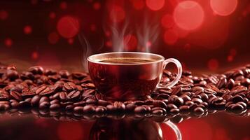 surpreendente quente café copo com assado feijões às brilhante vermelho iluminação fundo. generativo ai. foto