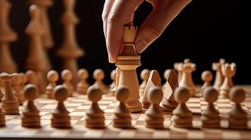 fechar-se mão do humano levando Próximo degrau em xadrez jogo. estratégia, gestão ou Liderança conceito. generativo ai tecnologia. foto