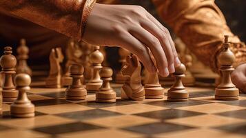 fechar-se mão do humano levando Próximo degrau em xadrez jogo. estratégia, gestão ou Liderança conceito. generativo ai tecnologia. foto