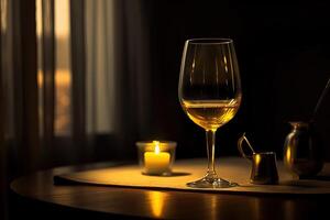 vidro do vinho e iluminado vela em luxo jantar mesa, criada de generativo ai tecnologia. foto