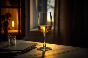 capturando uma vinho vidro em jantar mesa, criada de generativo ai tecnologia. foto