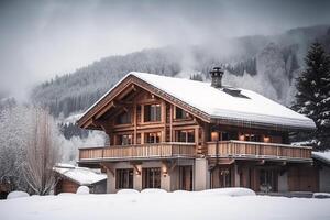 uma montanha luxo hotel, uma esqui hotel contra uma pano de fundo do coberto de neve montanhas. generativo ai foto